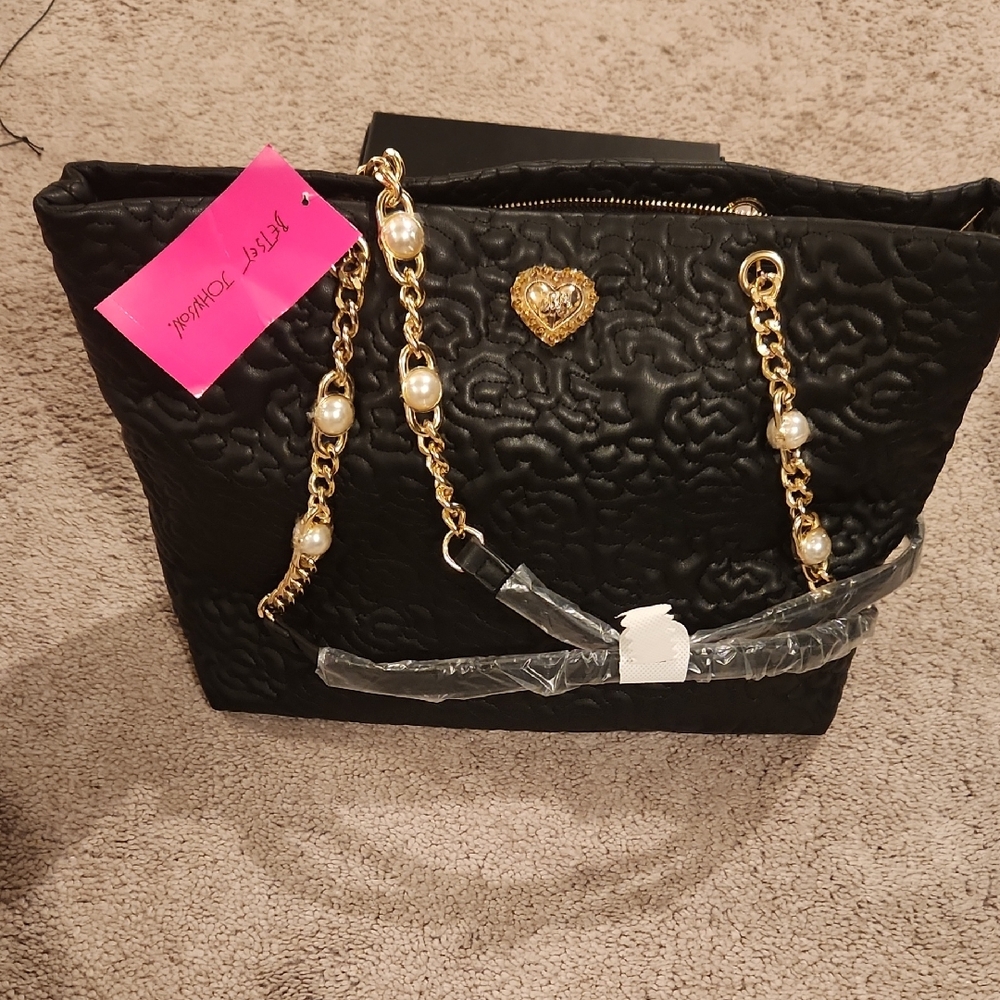 Betsey Johnson Black Embossed Tote with Gold and Pearl Chain